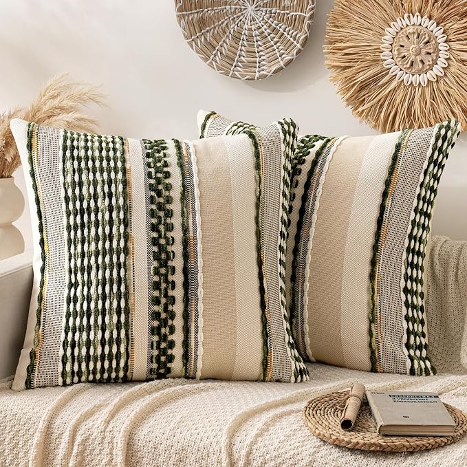 ANRODUO Boho Decorative Pillow Covers Olive Green Stripe 26x26 Pack of 2 | Euro Throw Pillow Covers, Farmhouse Cushion Case, Chenille Pillow Cases, Pillow Covers, Neutral Pillowcase for Sofa Couch Bed