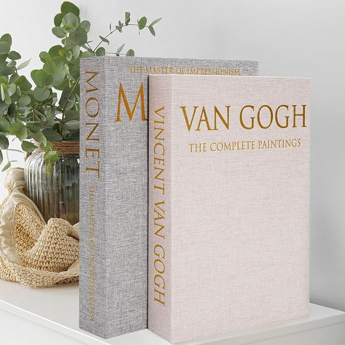 Faux Book Box Storage Set 2-Pack, Linen Beige | Decorative organizer for bookshelf coffee table, eco-friendly odor-free lightweight, sturdy cardboard