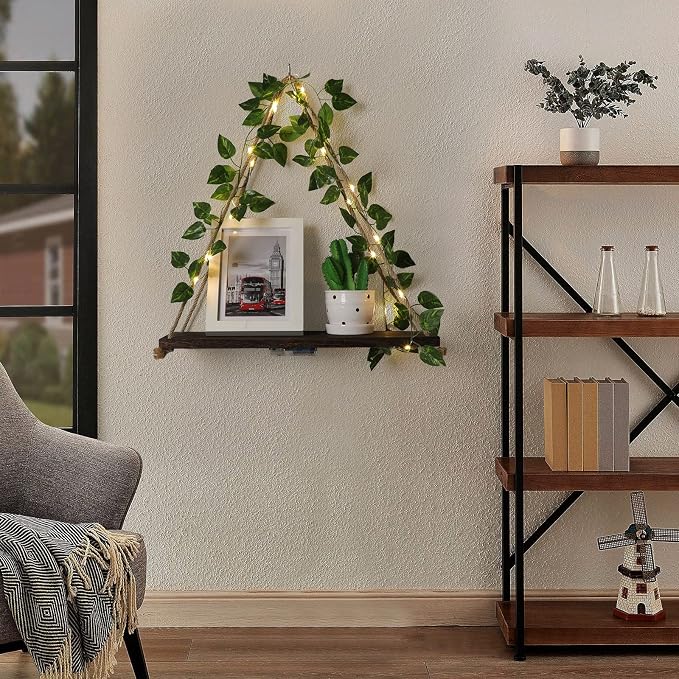 Floating Shelves for Wall,Hanging Shelves,Room Decor,Wall Decor,Boho Decor | Floating Shelves No Drill,Trinket Shelf,Cottage Core Wall Decor,2-Pack Shelf Set Includes Artificial Ivy & LED Lights