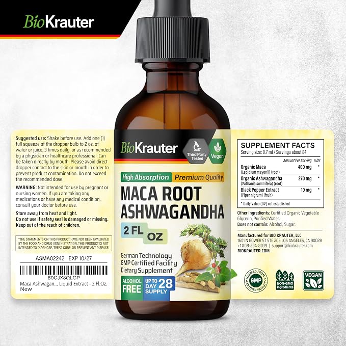 BIO KRAUTER Maca Root and Ashwagandha Tincture - Maca & Ashwagandha Supplements for Men & Women - Liquid Supplement for Mood Support - Alcohol and Sugar Free - Vegan Drops 2 Fl.Oz.