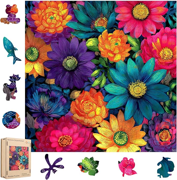 MEATRN Multicolor Chrysanthemum Wooden Puzzles for Adults 500 Pcs, 15.9x15.9 in, Fun Educational Wood Puzzle, Handmade Decorative Gift, Relaxing Wood Puzzle Game for Family