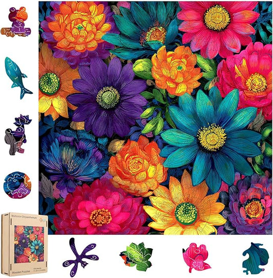 MEATRN Multicolor Chrysanthemum Wooden Puzzles for Adults 200 Pcs, 11.2x11.2 in, Fun Educational Wood Puzzle, Handmade Decorative Gift, Relaxing Wood Puzzle Game for Family