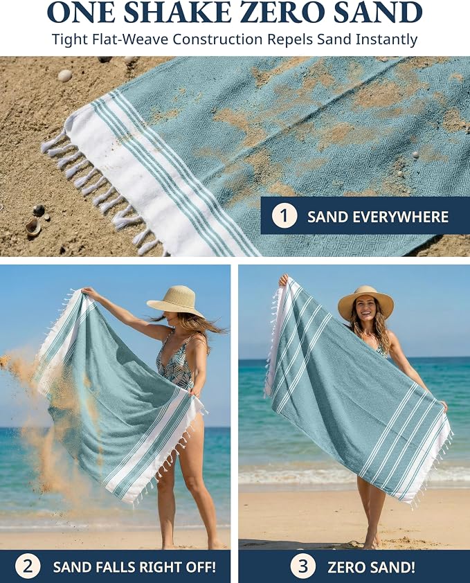 LANE LINEN Turkish Beach Towels, 2 Pack Extra Large Beach Towel, Pre-Washed for Soft Feel, Oversized Sand Free Quick-Dry Pool Towel, Beach Towels for Adults, 39"x71" - Baltic