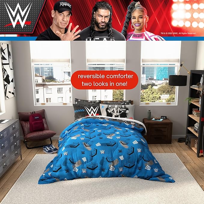 WWE Wrestling Bedding Set, Queen Size 7 Piece Set Super Soft Cozy Reversible Comforter and Sheet Set with Sham, (100% Officially Licensed Product) by Franco