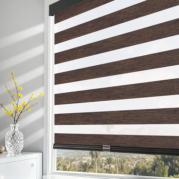 AOSKY Cordless Zebra Blinds for Windows Pull Down Roller Window Shades Dual Layer Light Filtering Privacy for Day and Night, Free-Stop Door Shades for Home Easy to Install Brown 27.5" W X 72" H