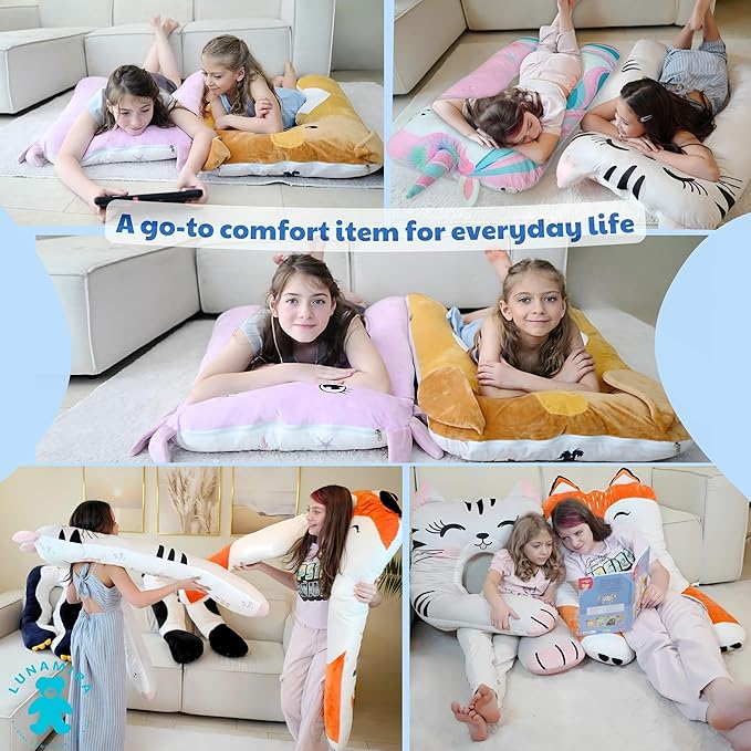 LUNAMIRA Axolotl Kids Body Pillow - 47" U-Shape Long Plush Soft Animal Pillow for Kids, Sleeping, Reading, ADHD & Special Needs Comfort, Anxiety, Washable Cover, Snuggle Fun Cuddle for Boys & Girls