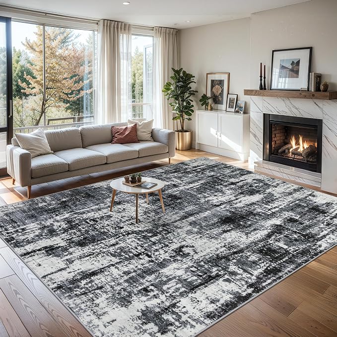 6x9 Area Rugs for Living Room - Washable Rug Modern Abstract Soft Large Neutral Non-Slip Carpet Indoor Floor Thin Carpets for Bedroom Dining Room Farmhouse Nursery Home Office Black