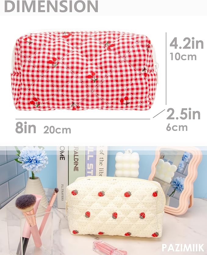 Small Quilted Makeup Bag,Zipper Cosmetic Pouch,Gingham Red Cherry,6 Pack | Lightweight Cosmetic Bag Organizer for Women,Purse Storage Holds Makeup,Toiletries,Skincare,Beauty Essentials,Travel Items