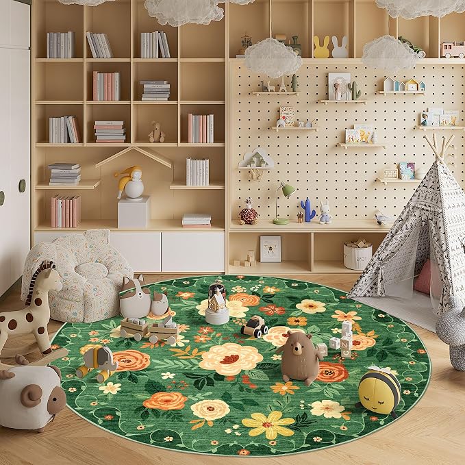 DUKINO 6ft Round Rug, Washable Circle Rug for Bedroom Non Slip, Dark Green | Low Pile, Stain Resistant Indoor Rug for Living Room, Dining Room, Kids Room, Office, Pet Friendly, Home Decor, Non-Shedding