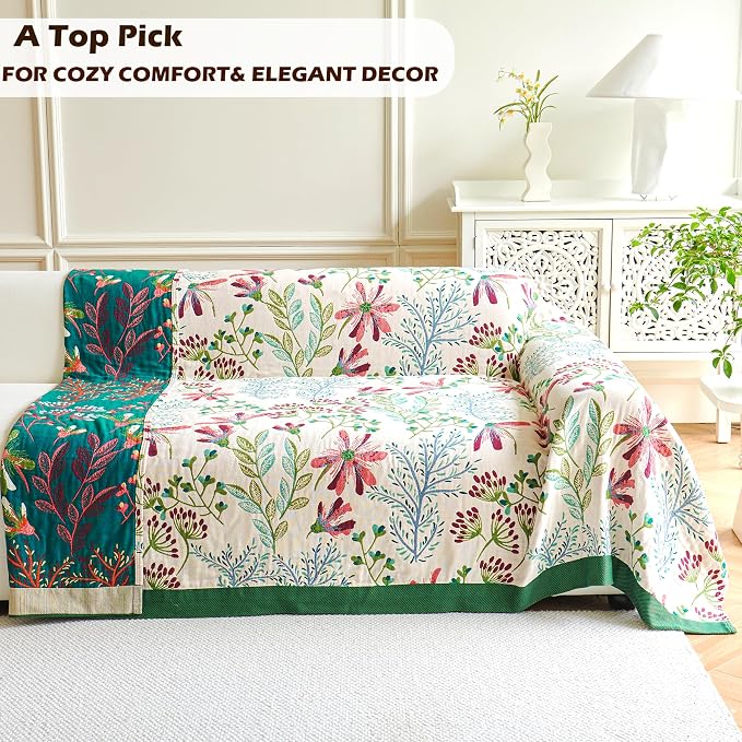 VANJOROY Boho Throw Blanket, 100% Organic Cotton Breathable Ultra Soft 91" x 98" Bed Quilt Throw - All Season Floral Rustic Farmhouse Decor Luxury Reversible Blanket for Sofa Couch Chair and Gift