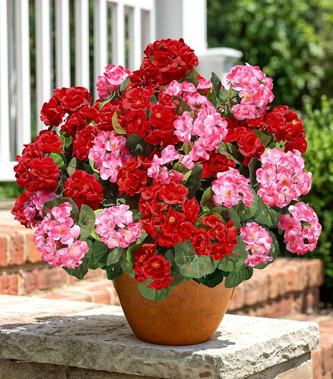 Artificial Geraniums Fake Flowers for Outdoors Decoration, 6 Bundles Silk Geraniums Flower UV Resistant Look Real Faux Plants for Front Door Garden Porch Planter Patio Balcony Yard Indoor Home, Mix