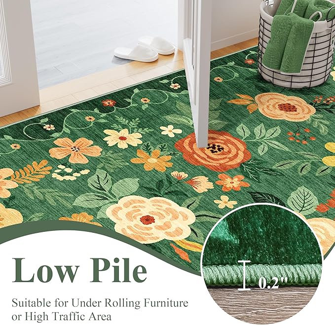 DUKINO 2.6x10 Hallway Runner Rug Washable Kitchen Rugs Non Slip Dark Green | Soft, Low Pile, Floral Indoor Floor Rug Runner for Entryway, Bedroom, Bathroom, Laundry, Pet Friendly, Home Decor, Ultra-Thin