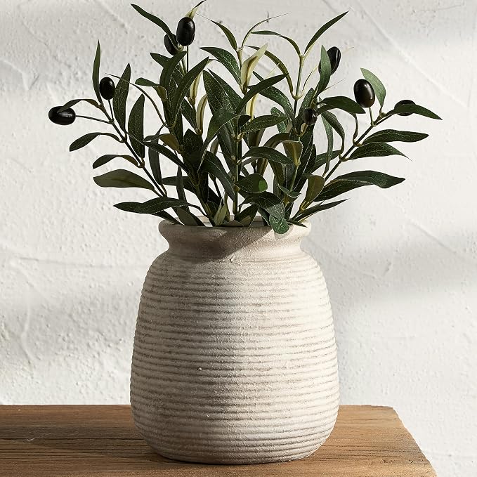 Ceramic Flower Vase, Rustic Farmhouse Decorative Vase Pottery Wide-Mouth Vases for Home Decor Table Entryway Mantel Bookshelf Living Room Bedroom Bathroom Kitchen - 7.48" D