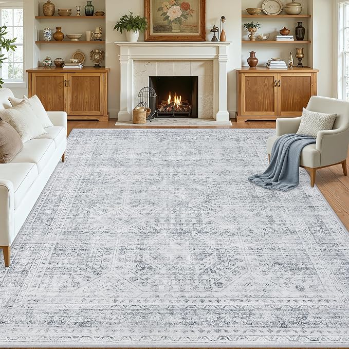 10x14 Area Rug for Living Room: Vintage Boho Neutral Washable Rug Indoor Soft Large Area Rug Carpet for Bedroom Nursery Farmhouse Dining Room Office Floor Non-Slip Low Pile Under Table Rug Gray