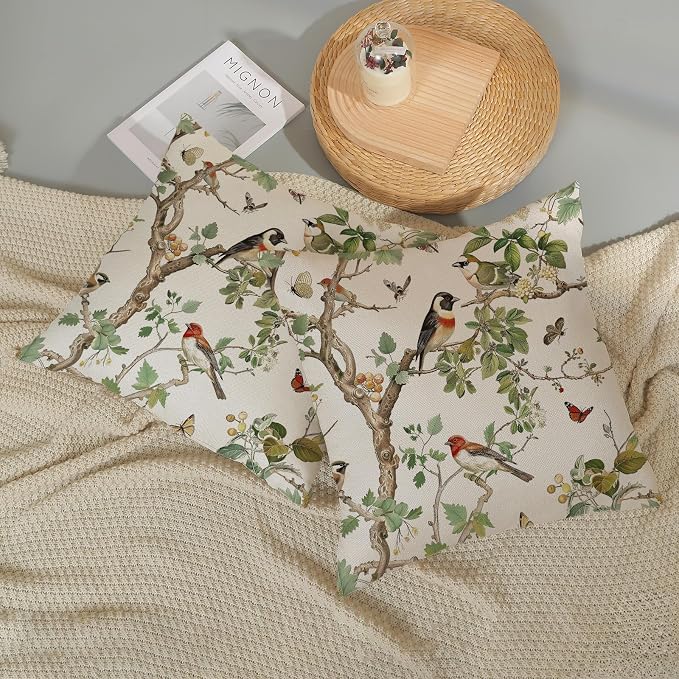 Chinoiserie Pillow Covers 18x18 Inch Set of 2 Green Floral Bird Throw Pillows Vintage Flower Decorations Pillow Cases Outdoor Chinoiserie Decor Farmhouse Linen Cushion Cover for Couch Home