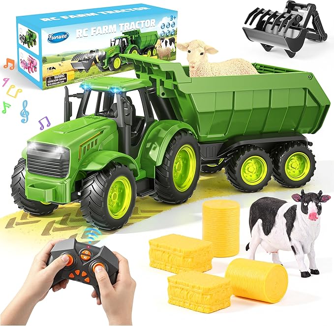 Funwee 2.4GHz RC Tractor Toy w/Light & Music, Kid Farm Car Toy w/Front Loader & Farm Animal, RC Tractor Trailer Truck Vehicle Toy for Boy Girl Age 3 4 5 6 7+ Year Old Christmas Birthday Gift (Green)