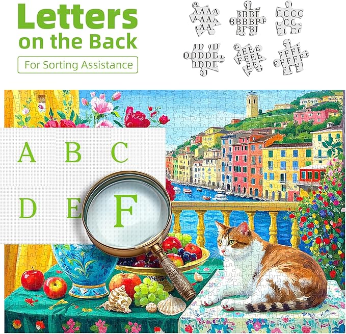 Cinque Terre Balcony Cat 300 Piece Puzzle for Adults, Fun Spring Puzzles for Adults 300 Pieces with HD Print & Poster, 17"x11" Dust Free, for Gifts Halloween Christmas Family Games Lovers