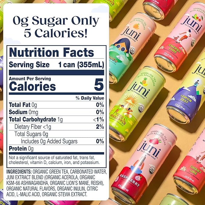 Juni Sparkling Adaptogen Drink with Ashwagandha, Lion’s Mane & Reishi Mushrooms | Green Tea for Focus, Zero Sugar, 5 Calories | Decaffeinated, Non Alcoholic Drinks - Strawberry Hibiscus 12 pack