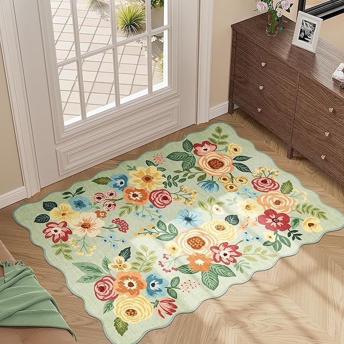 DUKINO 2x3 Rugs for Entryway, Floral Door Mat Washable Kitchen Rugs, Green | Non Slip, Low Pile, Soft Small Rugs for Entrance, Bedroom, Bathroom, Laundry, Pet Friendly, Non-Shedding, Modern Home Decor