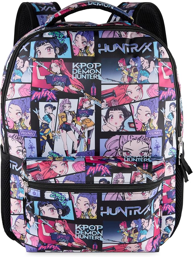AI ACCESSORY INNOVATIONS K-Pop Demon Hunters Huntrix 16” Backpack for Girls, Featuring an AOP of Rumi, Zoey, Mira, Allover Print