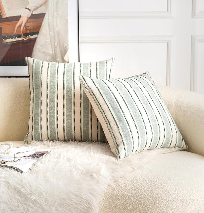 Cethom Decorative Boho Throw Pillow Covers, Farmhouse Textured Pillow Case, 22 x 22 Inch Set of 2, Chair Sofa Bedroom Living Room Home Decor Couch Cushion Case, Green and Beige Striped