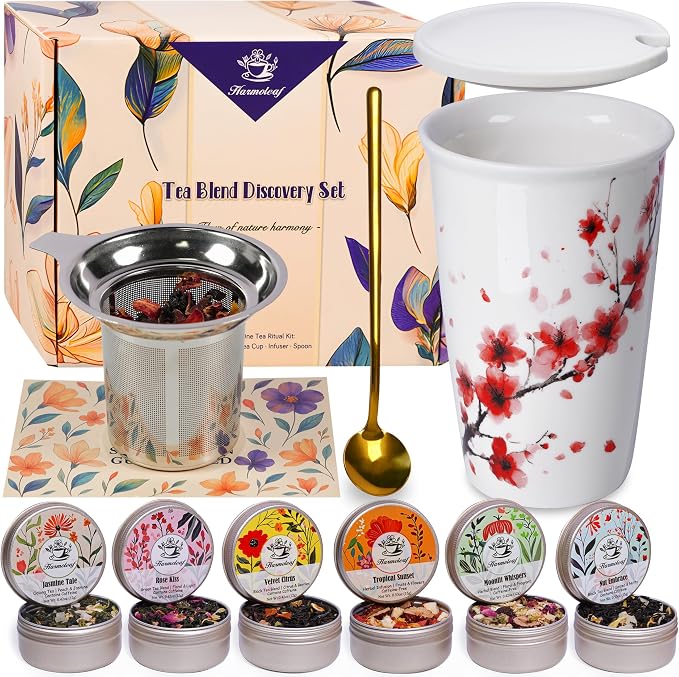 Tea Gift Set for Women - 6 Herbal Loose Leaf Tea Blends, Insulated Ceramic Cup with Infuser & Lid | Birthday, Mother's Day, Anniversary & Retirement Gift for Her