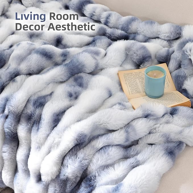 Faux Fur Throw for Couch - Tie-dye Blue Bubble Blanket 50"x60" | Fluffy Plush Fuzzy Throw for Sofa & Bed, Super Soft Cozy Comfrt Blanket, Luxury Aesthetic Blue Decor Gift for Women