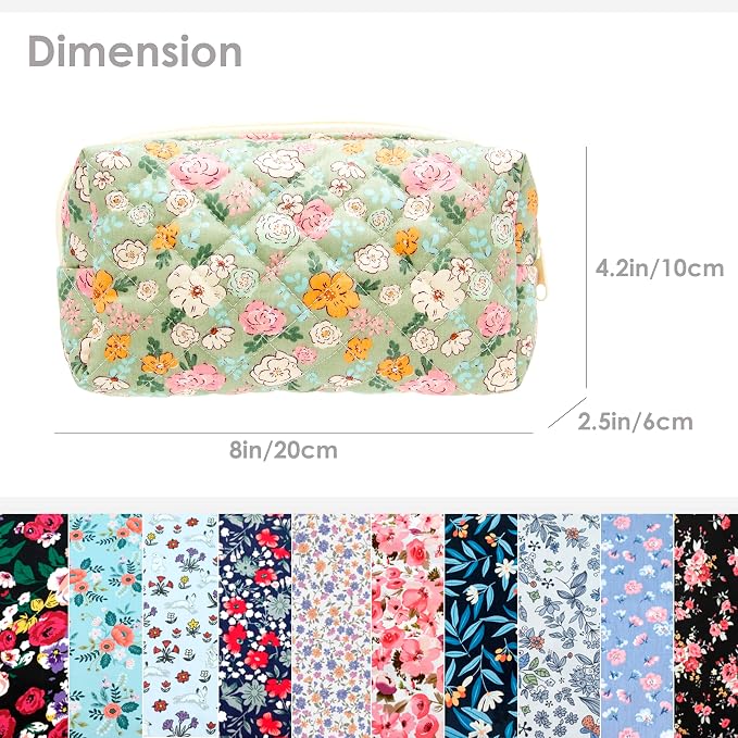 PAZIMIIK Small Quilted Makeup Bag,Zipper Cosmetic Pouch,Green Floral | Lightweight Cosmetic Bag Organizer for Women,Purse Storage Holds Makeup,Toiletries,Skincare,Beauty Essentials,Travel Items