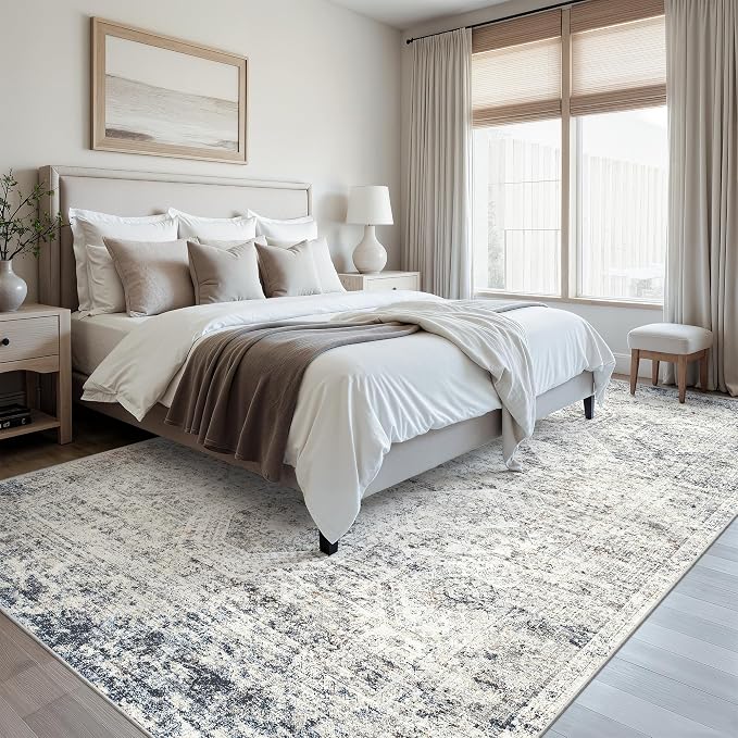 Soalmost 7x10 Area Rug for Living Room Washable Rugs Non-Slip Blue/Ivory | Low-Pile Vintage Carpet for Dining Bedroom, Foldable Thin Stain Resistant Floor Mat Under Table Home Office Nursery Decor