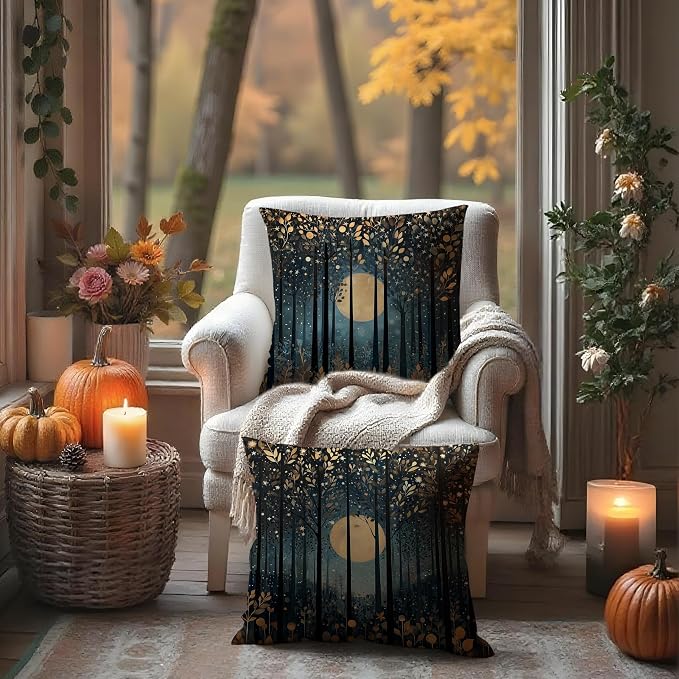 Vintage William Morris Inspired Gold Moon Pillow Covers 18x18 Set of 2,Rustic Black and Gold Moon Forest Botanical Nature Landscape Decorative Throw Pillow Covers for Home Bedroom Living Room
