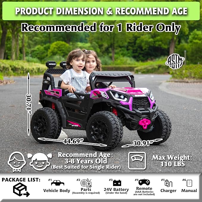 Sopbost 24V Premium 4x4 Ride On UTV for Kids with Remote Control, Electric Off-Road Truck with EVA Rubber Tires, 2WD/4WD Switch, Music & LED Lights, Battery Powered Car for Big Kids Ages 3–8 (Pink)
