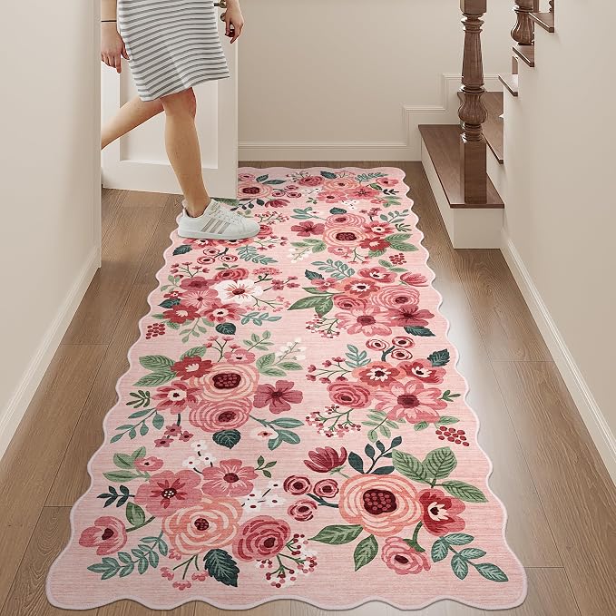 DUKINO 2x5 Washable Runner Rug, Floral Non Slip Rug for Kitchen, Pink | Soft, Low Pile, Non-Shedding Throw Rug Runner for Hallway, Entryway, Bedroom, Bathroom, Pet Friendly, Home Decor, Lightweight