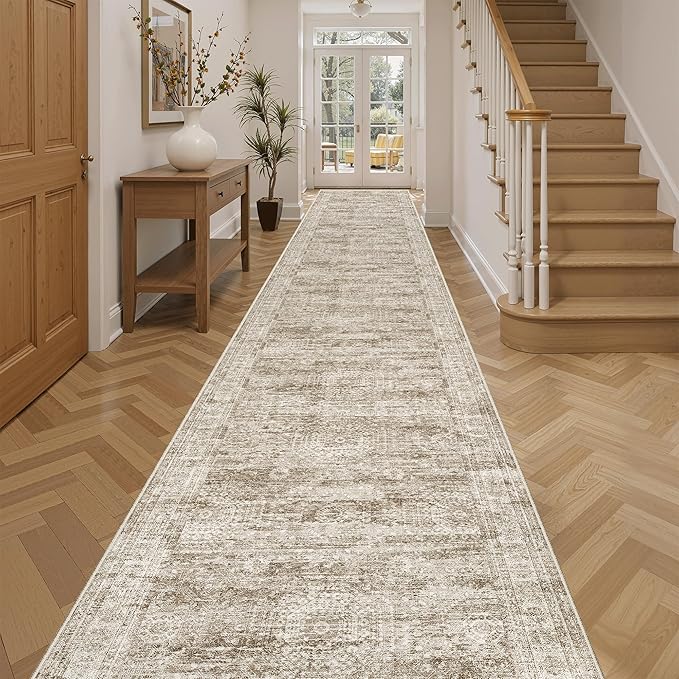Soalmost Washable 3x14 Hallway Runner Rug Non-Slip Kitchen Entry Rugs Brown | Vintage Long Runners 14ft for Bathroom Entryway, Foldable Low-Pile Wide Floor Carpet Mat for Corridor Living Room Bedroom