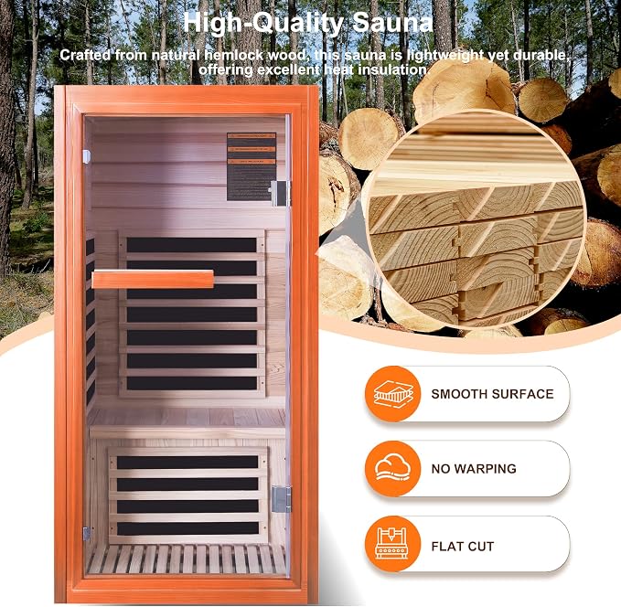 Far Infrared Sauna for Home 1 Person Indoor Wood Sauna Personal Spa Room 1065W 120V with Red Light Bluetooth Speakers 31.5"x31.5"x63"