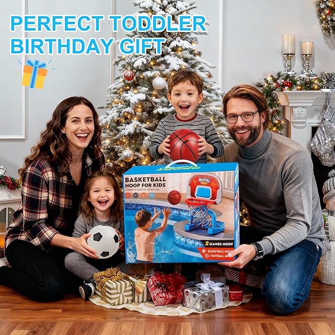 Toddler Basketball Hoop Indoor, Adjustable Kids Basketball Hoop and Soccer Goal for Ages 1-3 3-5, Portable Mini Basketball Hoop Set with 4 Balls for Boys Girls Child Indoor Outdoor Poolside