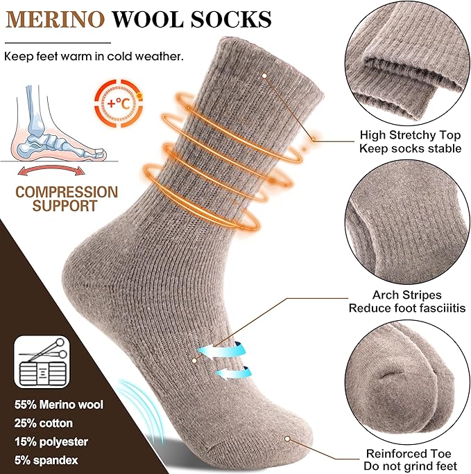 MOGGEI 5 Pairs Womens Merino Wool Socks Hiking Warm Winter Thick Thermal Crew Cozy Cabin Ladies Gift Comfy Boot Work Socks