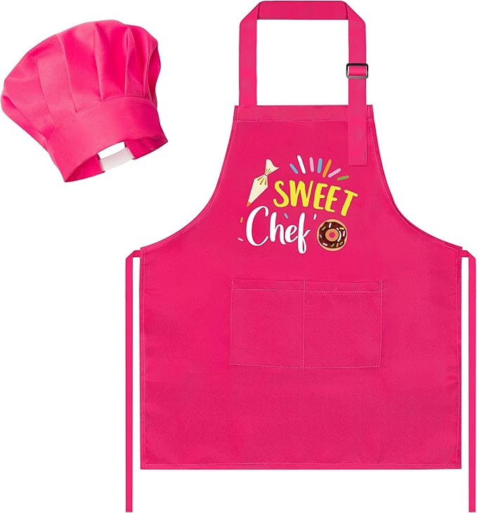 R HORSE 2Pcs Kid Apron and Chef Hat Set, Rose Red Adjustable Children Kitchen Toddler Apron for Girls, Dress up Role Play Chef Toy Funny Birthday Gift for Kids Cooking Baking Painting