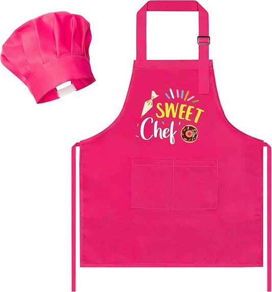 R HORSE 2Pcs Kid Apron and Chef Hat Set, Rose Red Adjustable Children Kitchen Toddler Apron for Girls, Dress up Role Play Chef Toy Funny Birthday Gift for Kids Cooking Baking Painting
