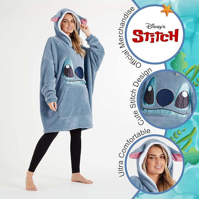 Disney Stitch Blanket Hoodie for Women Teens, Wearable Oversized Fleece Hooded Poncho with Pocket, Cozy Gifts for Women