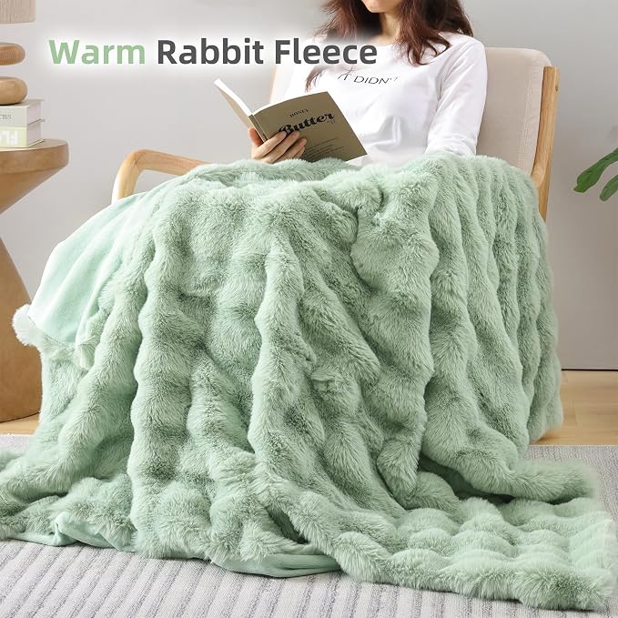 Faux Rabbit Fur Throw for Couch - Sage Green Bubble Blanket 50"x60" | Fluffy Plush Fuzzy Throw for Sofa & Bed, Super Soft Cozy Comfrt Blanket, Luxury Aesthetic Sage Green Decor Gift for Women