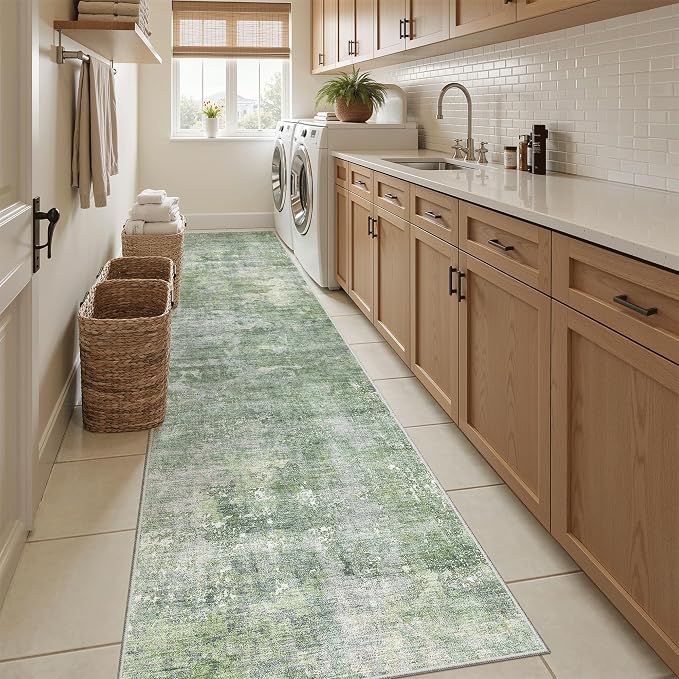 Soalmost Abstract Runner Rug 2x10 Hallway Kitchen Runners Green/Ivory | Vintage Washable Rugs for Bathroom Laundry Room, Low Pile Stain Resistant Floor Carpet Mat Entryway Corridor Bedroom