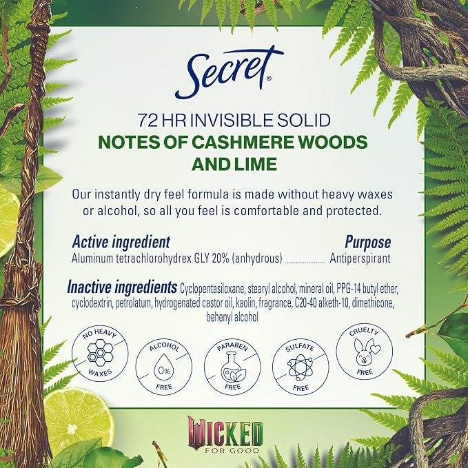 Secret Clinical Strength Antiperspirant Deodorant for Women, Wickedly Wonderful, 3X Sweat Protection, 72hr Sweat & Odor Protection, PH Balanced, Invisible Solid, Cashmere Woods & Lime Scent, 2.6 oz
