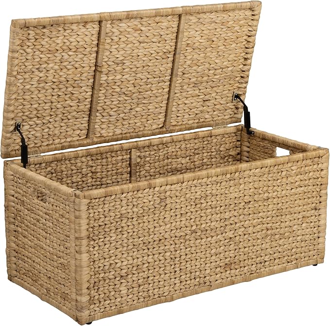 Water Hyacinth Bedding Storage Trunk, Natural, 42x20x18.5 | 2 Safety Hinges, Extra Large, Metal Frame, Wicker Blanket Chest, Decorative Storage Box