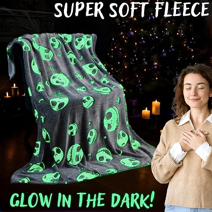 Disney The Nightmare Before Christmas Glow in The Dark Throw Blanket 51x59” for Kids Teens Adults, Soft Fleece Throw Blanket Sofa Bed, Gifts for Kids (Grey TNBC)