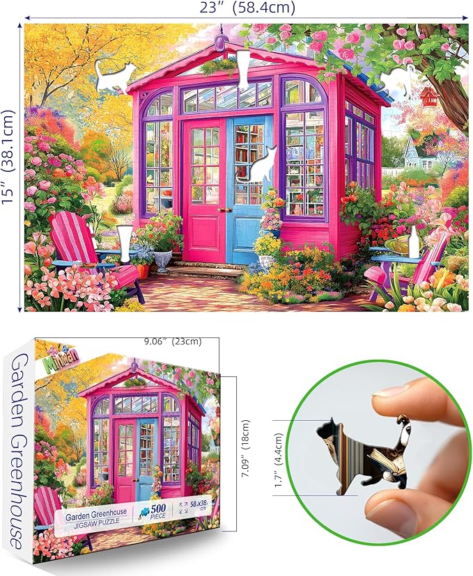 500 Piece Jigsaw Puzzle for Adults - Whimsical Pink Greenhouse Garden with Unique Cat Shapes, 23x15 Inch Pretty Art Puzzle for Relaxation