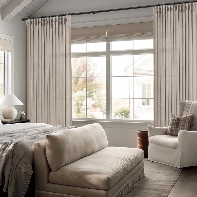 Semi Sheer Natural Linen Greyish Brown Curtains 86 Inches Long 2 Panels Set for Dining Room, Memory Trained Pinch Pleated Light Filtering Privacy Non See Through 84-86 Inch Textured Windows Drapes