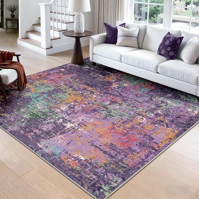 RELEANY Washable Square 8'x8' Area Rug for Living Room Purple Multi | carpet for bedroom, kitchen, office, hallway and entryway, printed pattern, non-slip, soft, stain-resistant, easy to clean