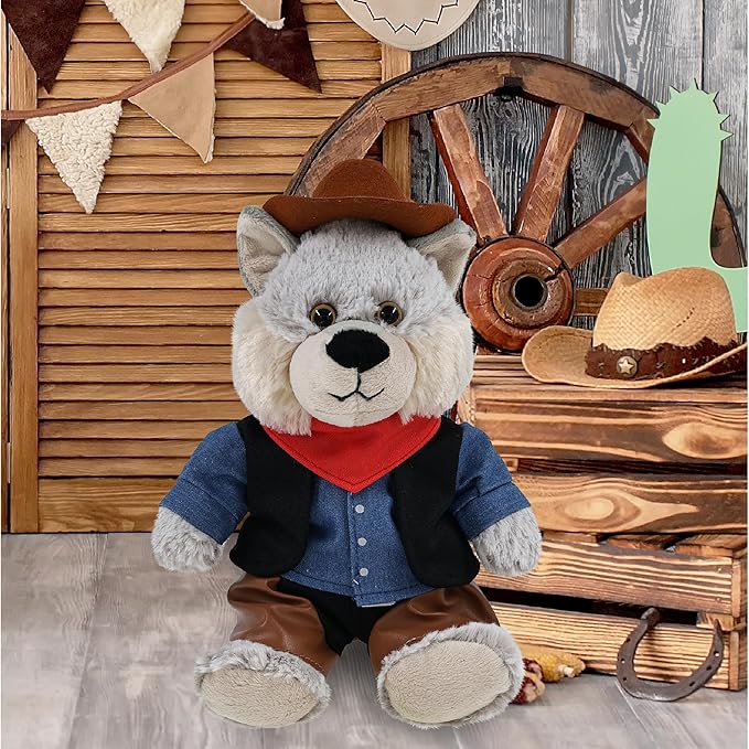 DolliBu Sitting Wolf Stuffed Animal Cowboy Plush with Name Personalization - Western-Themed Wolf Plush with Cute Cowboy Costume Denim Shirt Vest, Bandana, Leather Pants, and Hat - 9 Inches
