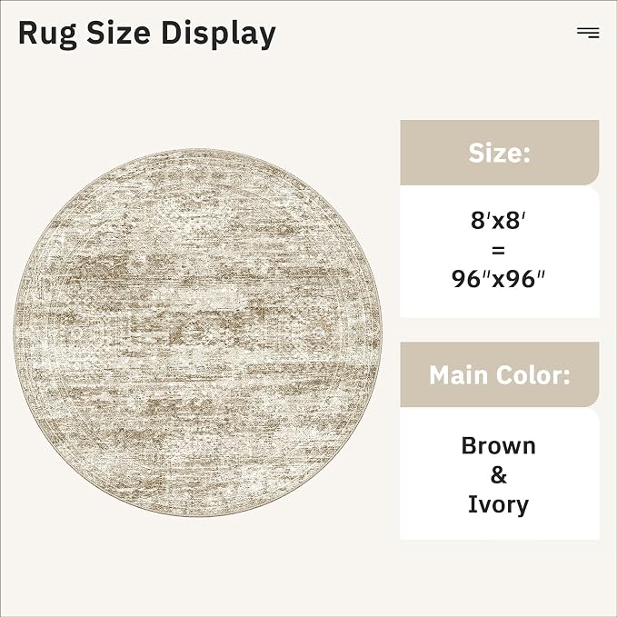 Soalmost Round Rugs 8ft Living Room Circle Area Rug 8x8 Brown Vintage | Washable Non Slip Indoor Carpet for Apartment, Dining Bedroom, Soft Low Pile Stain Resistant Foldable Floor Mat Entryway
