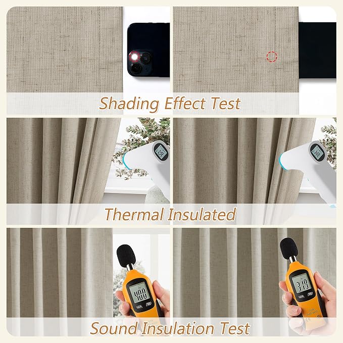 Guken 100% Blackout Linen Curtains for Bedroom 90 inches Long, Thermal Insulated Room Darkening Black Out Window Drapes for Living Room, Back Tab Rod Pocket 2 Panels Set,Stone Beige,52x90